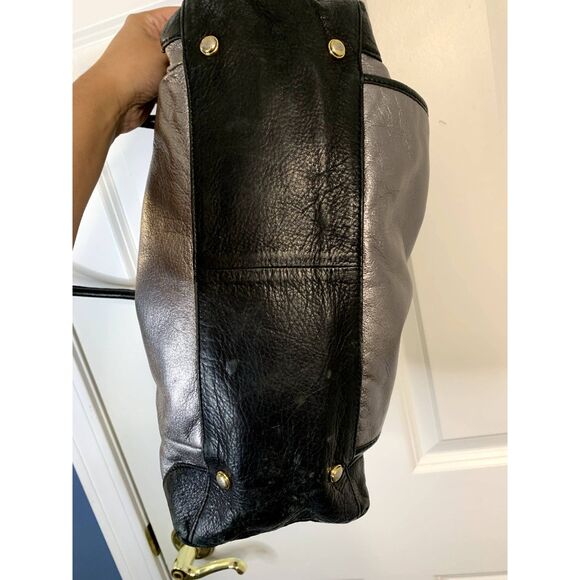 B. Makowsky Silver and Black Metallic Pebble Leather Tote Satchel Shoulder Bag - Picture 6 of 8